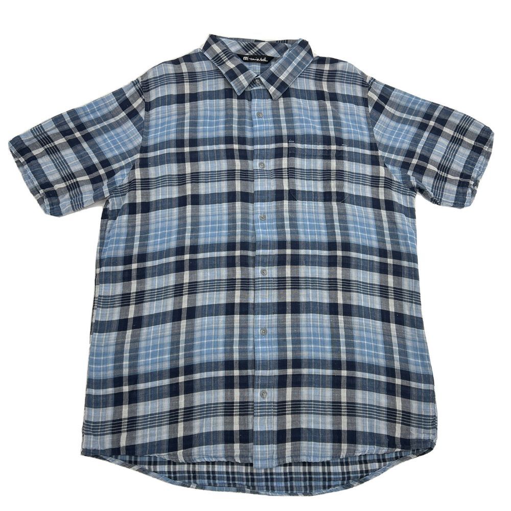 Travis Mathew‎ Shirt Mens XL Blue White Plaid Short Sleeve Button Up Casual Golf